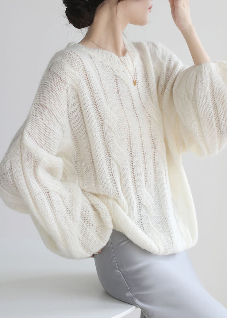 French Apricot O Neck Puff Sleeve Cable Knit Woolen Sweater