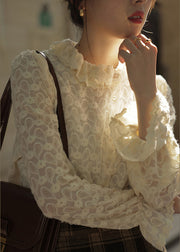 French Apricot Ruffled Button Patchwork Lace Top Long Sleeve