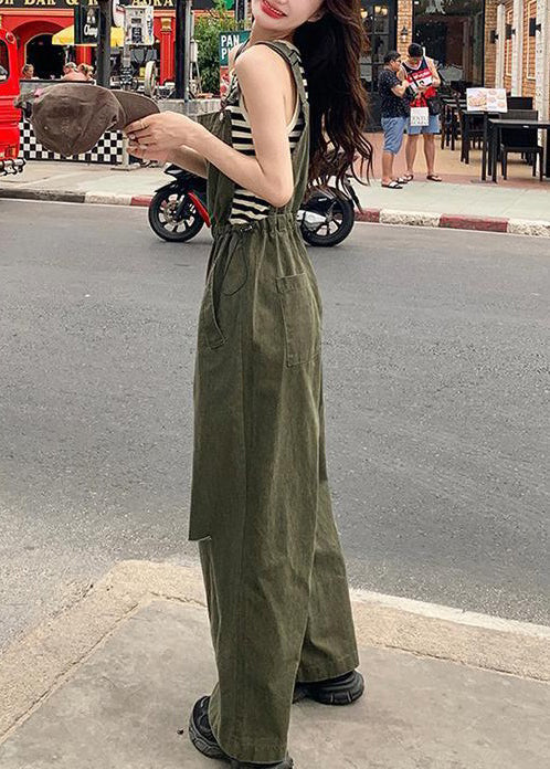 French Army Green Drawstring Pockets Cotton Jumpsuit Sleeveless