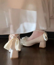 French Beige Bow Pearl Splicing Chunky Heel Shoes