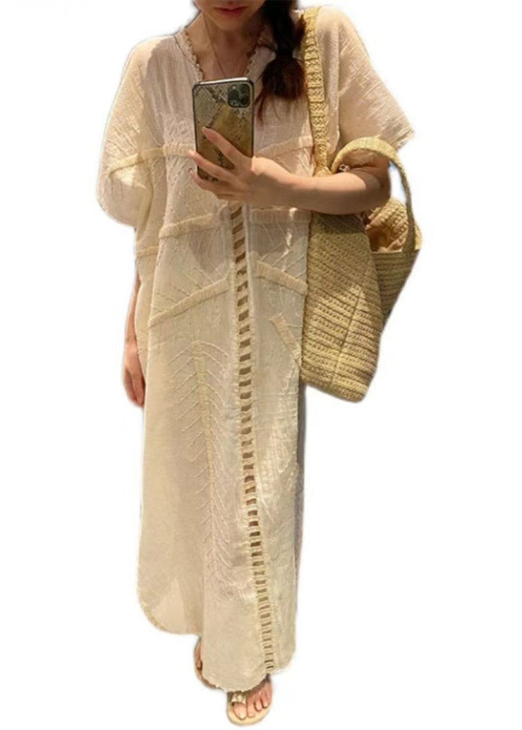 French Beige V Neck Hollow Out Cotton Long Dress Summer