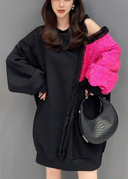 French Black Asymmetrical Ruffled Patchwork Cotton Sweatshirts Fall