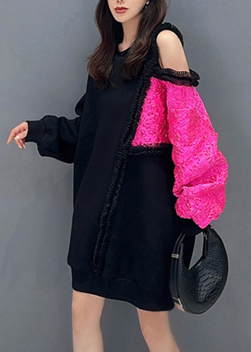 French Black Asymmetrical Ruffled Patchwork Cotton Sweatshirts Fall