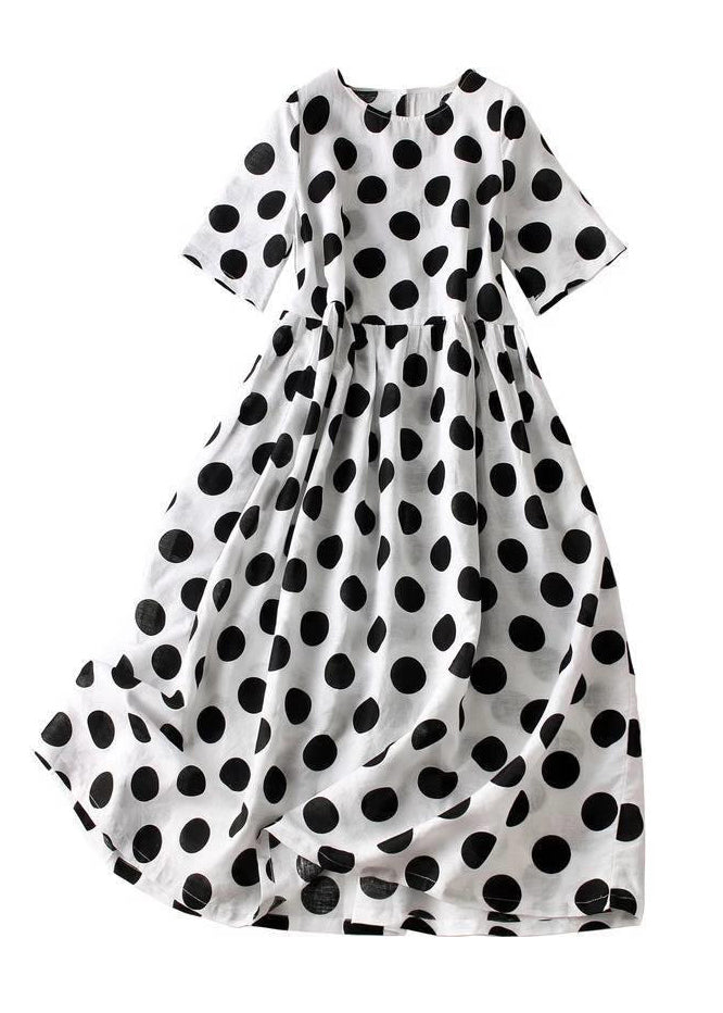 French Black Dot Button Cotton Long Dresses Summer