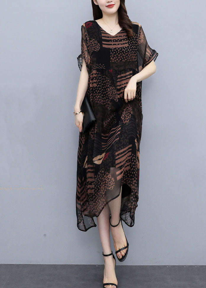 French Black Oversized Print Draping Chiffon Dress Summer