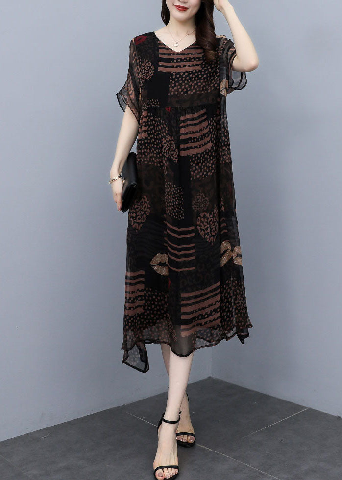 French Black Oversized Print Draping Chiffon Dress Summer