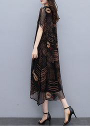 French Black Oversized Print Draping Chiffon Dress Summer