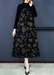 French Black Print Patchwork Warm Fleece Maxi Dress Spring