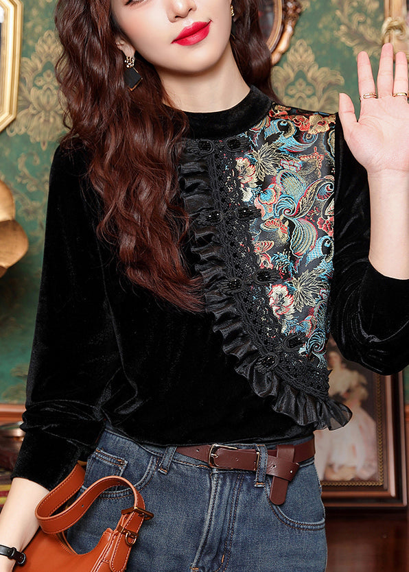 French Black Ruffled Patchwork Print Silk Velour Top Long Sleeve