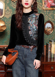 French Black Ruffled Patchwork Print Silk Velour Top Long Sleeve