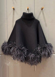 French Black Turtleneck Fluffy Patchwork Woolen Cape Tops Spring