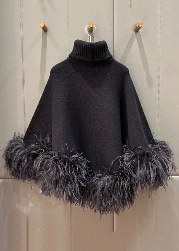 French Black Turtleneck Fluffy Patchwork Woolen Cape Tops Spring