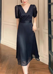 French Black V Neck Solid Silk Long Dresses Summer