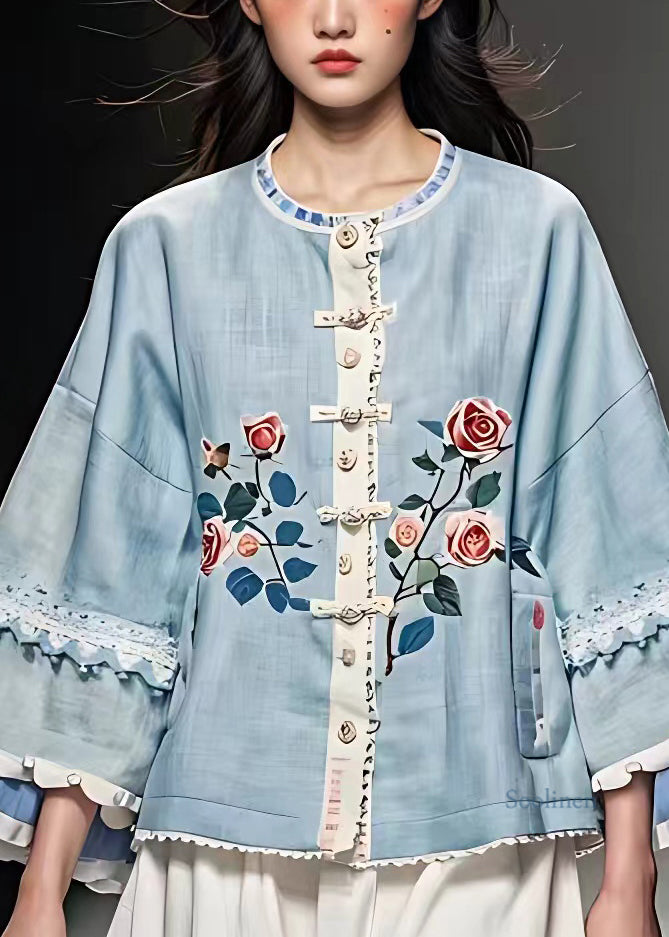 French Blue Floral Hollow Out Button Coats Fall