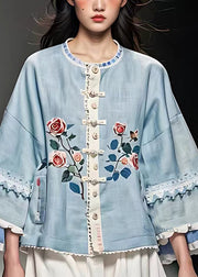 French Blue Floral Hollow Out Button Coats Fall