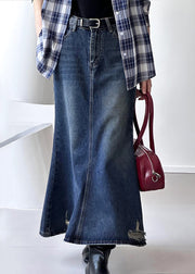 French Blue Hole High Waist Denim Maxi Skirts Fall