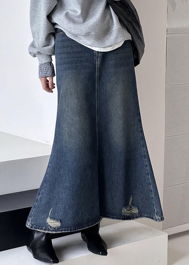 French Blue Hole High Waist Denim Maxi Skirts Fall