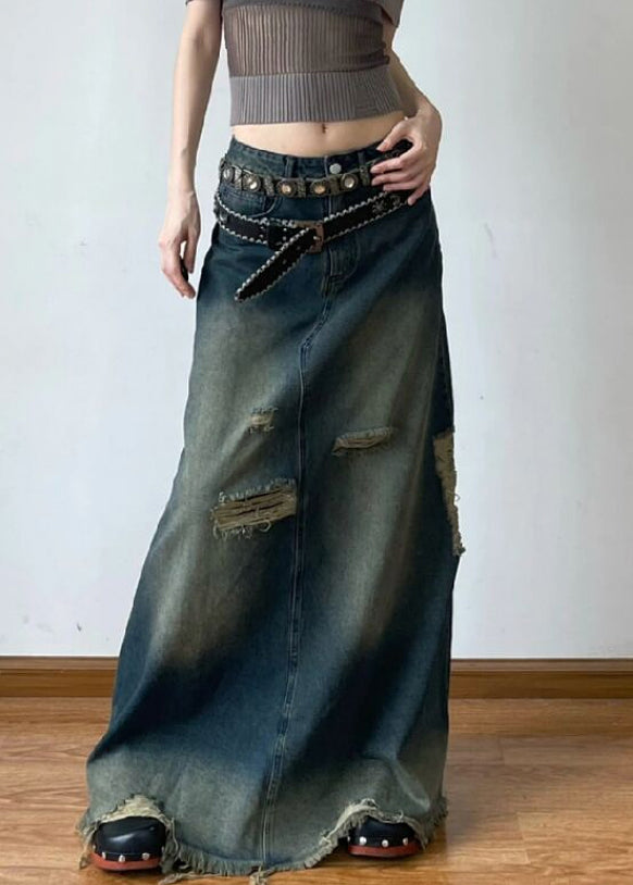 French Blue Hole High Waist Denim Maxi Skirts Summer