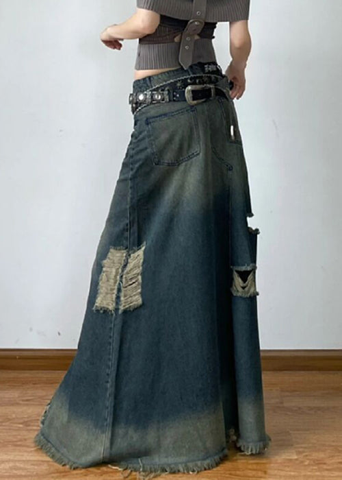 French Blue Hole High Waist Denim Maxi Skirts Summer