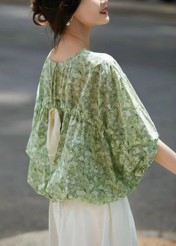 French Green O Neck Print Lace Up Cotton Tops Batwing Sleeve