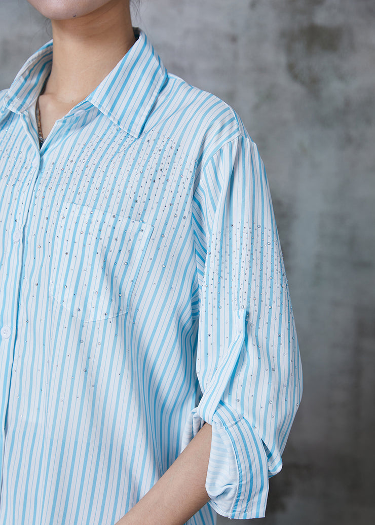 French Blue Oversized Striped Zircon Cotton Blouse Tops Summer