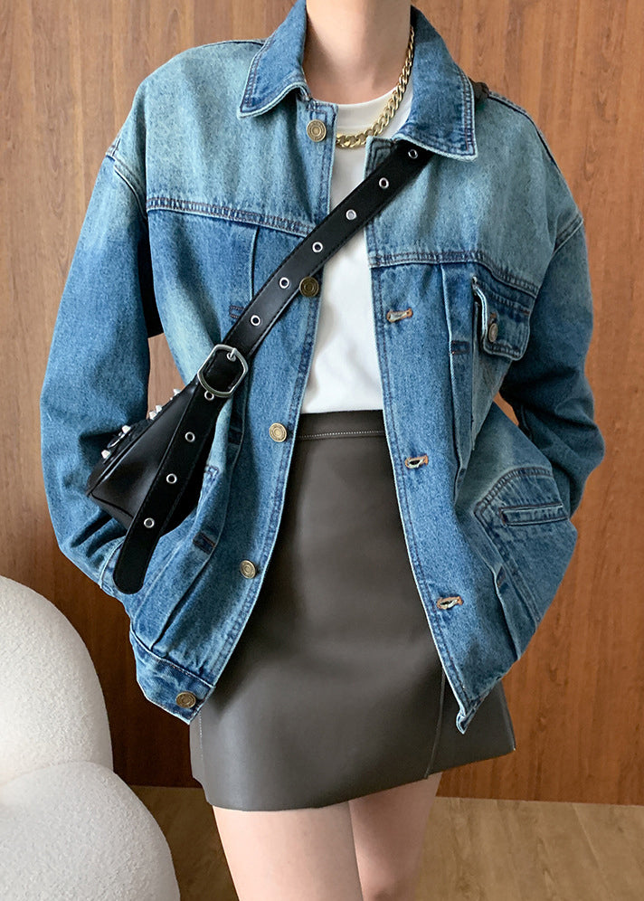 French Blue Peter Pan Collar Button Pockets Denim Coats Fall