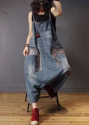 French Blue Pockets High Waist Denim Jumpsuit Sleeveless