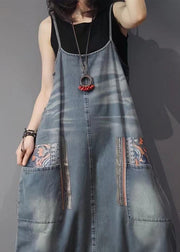 French Blue Pockets High Waist Denim Jumpsuit Sleeveless