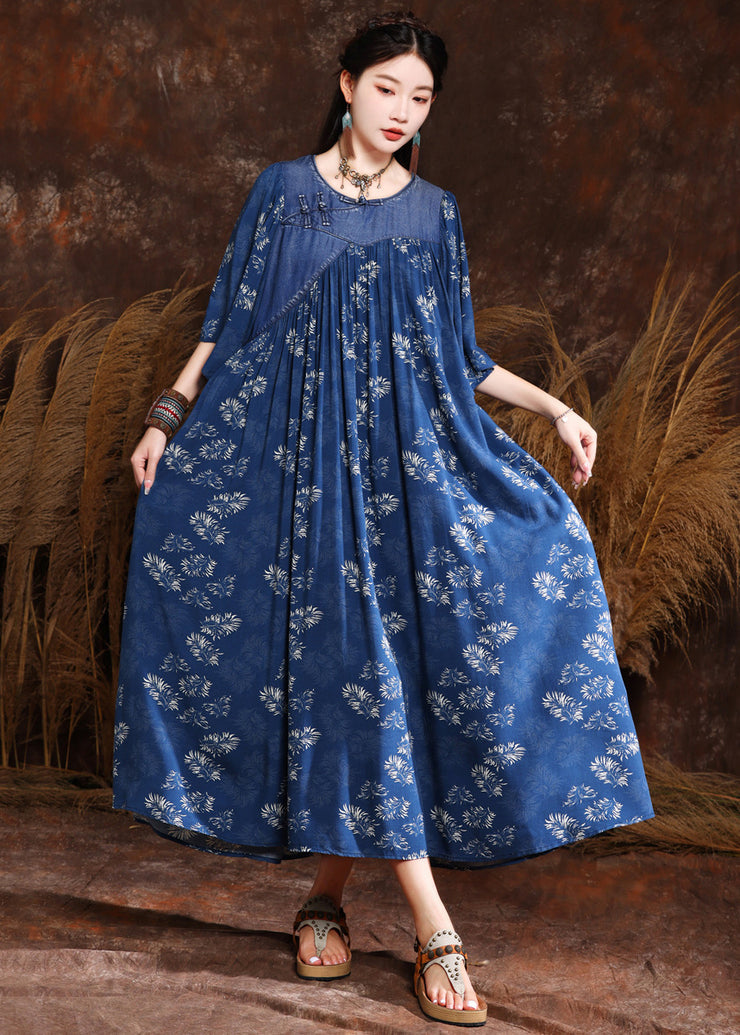 French Blue Print Wrinkled Denim Long Dress Half Sleeve