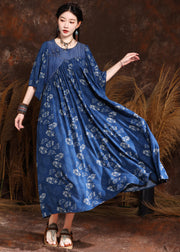 French Blue Print Wrinkled Denim Long Dress Half Sleeve