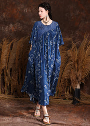 French Blue Print Wrinkled Denim Long Dress Half Sleeve