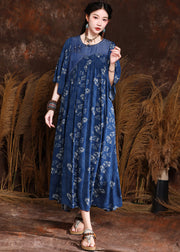 French Blue Print Wrinkled Denim Long Dress Half Sleeve