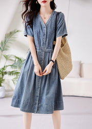 French Blue V Neck Button Drawstring Denim Blouses Dresses Summer