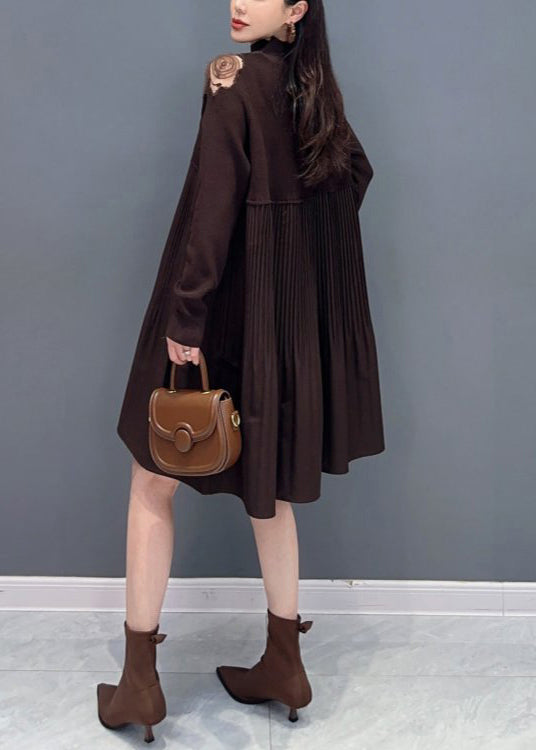 French Brown Hollow Out Wrinkled Knit Dresses Long Sleeve