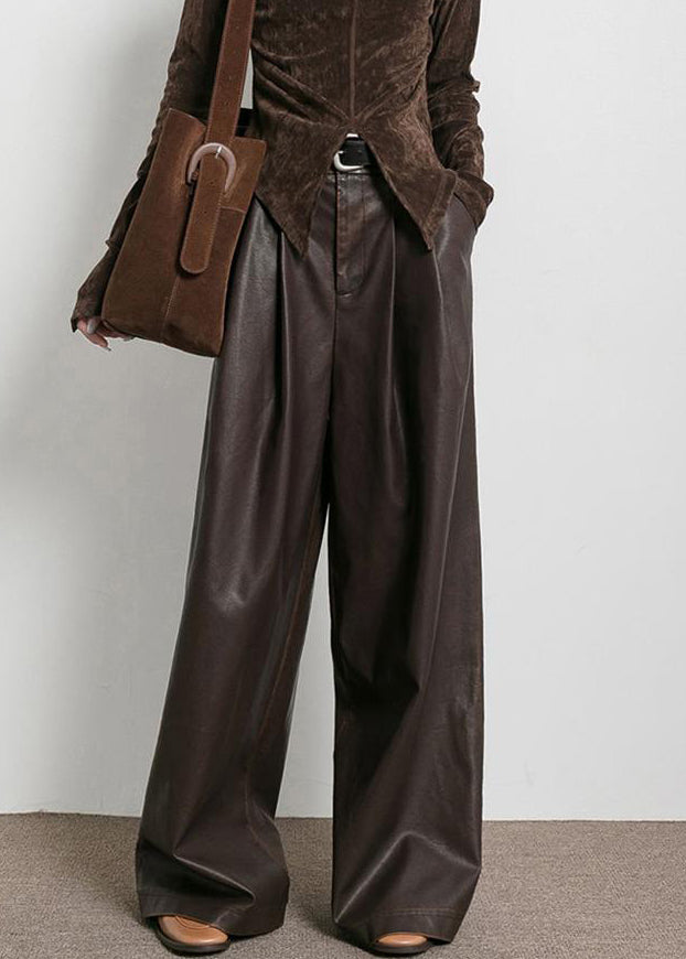 French Brown Pockets High Waist Faux Leather Pants Fall