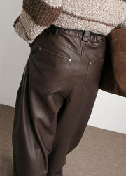 French Brown Pockets High Waist Faux Leather Pants Fall