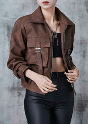 French Brown Tie Dye Pockets Faux Leather Jackets Fall