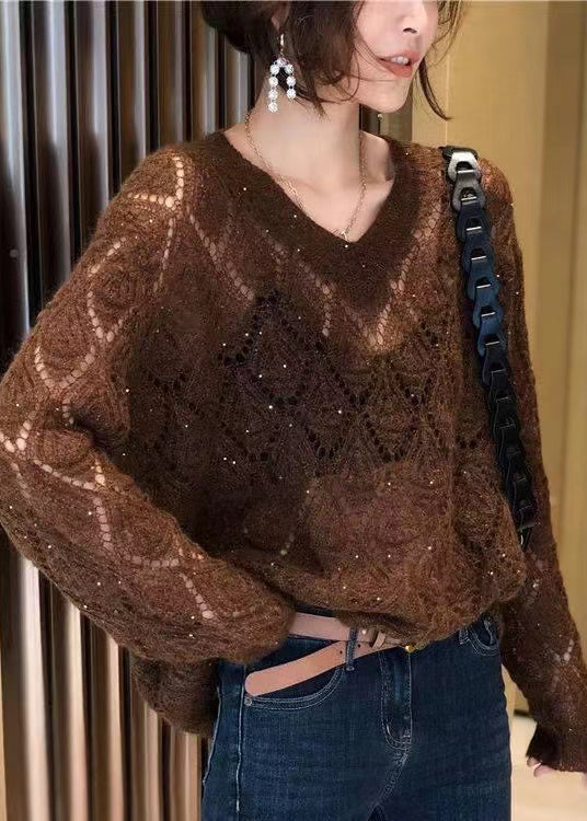 French Coffee V Neck Hollow Out Thin Knitted Tops Spring