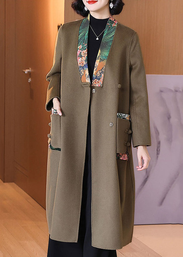 French Dark Camel Button Pockets Patchwork Wool Coat Spring