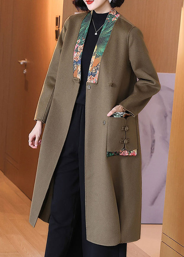 French Dark Camel Button Pockets Patchwork Wool Coat Spring