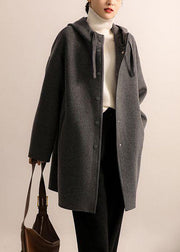 French Dark Gray Drawstring Button Hoodie Wool Blend Coat Long Sleeve