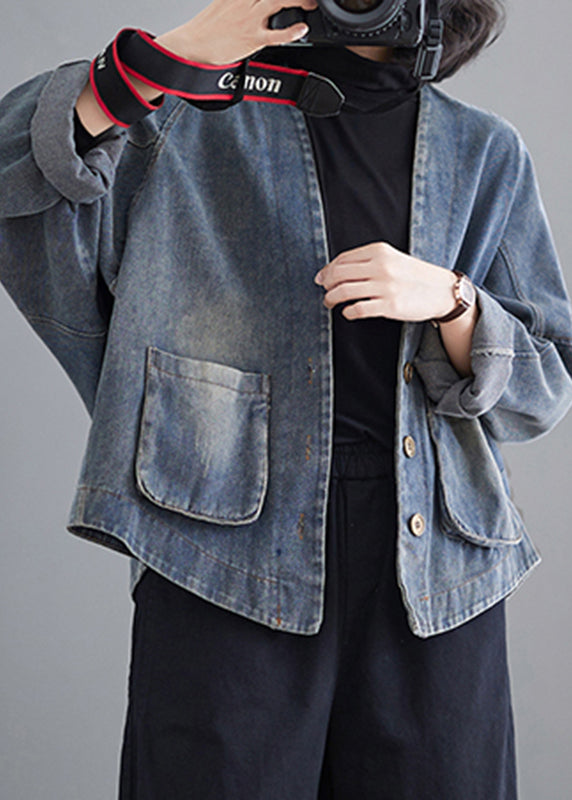 French Denim Blue V Neck Pockets Patchwork Coat Spring