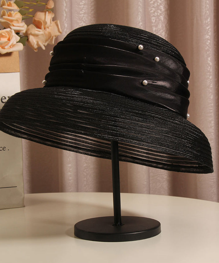 French Elegant Black Tulle Nail Bead Bucket Hat Summer