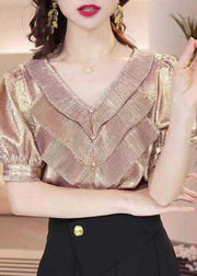 French Gold V Neck Ruffled Patchwork Silk Shirt Tops Summer