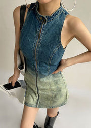 French Gradient Button Color Zip Up Denim Mid Dress Sleeveless