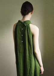 French Green Cold Shoulder Cotton Long Dress Summer