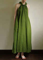 French Green Cold Shoulder Cotton Long Dress Summer