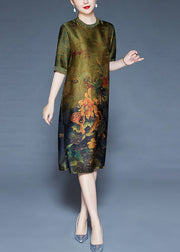 French Green Embroidered Print Patchwork Silk Dress Summer