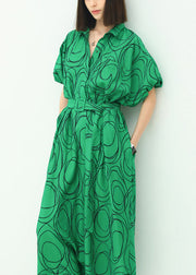 French Green Print Tie Waist Cotton Shirts Dresses Summer