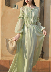 French Green Ruffled Embroidered Chiffon Dress Summer